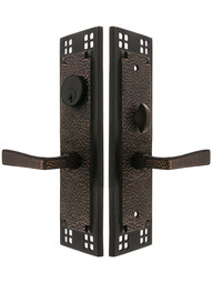 Craftsman F20 Function Mortise Lock Entryset in Oil Rubbed Bronze with Left Hand Hammered Levers, and Stop/Release Buttons.